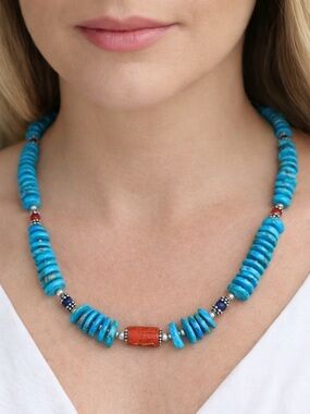 Turquoise with Silver, Lapis and Red Navajo Coral Beaded Necklace